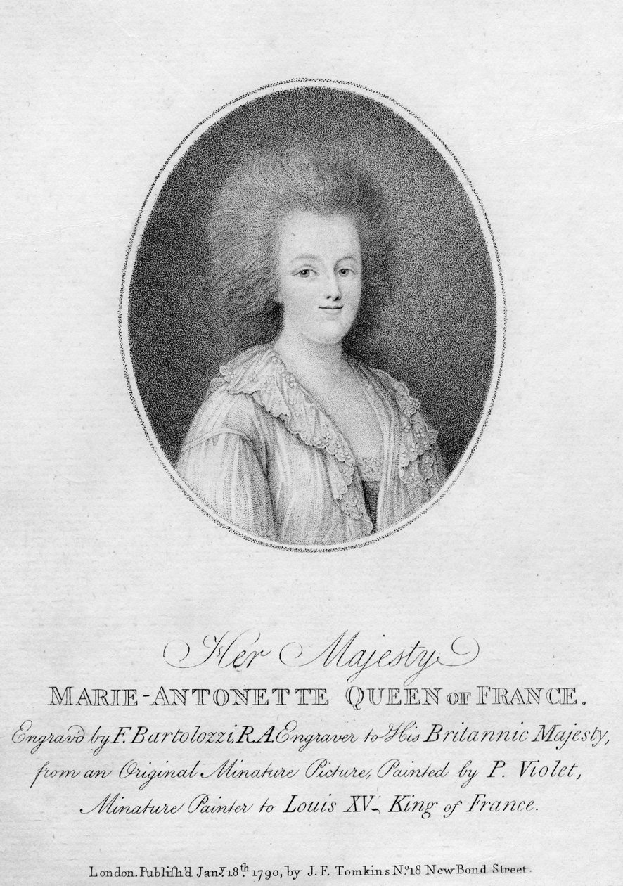 Marie Antoinette, Ranskan Louis XVI:n kuningatar puoliso, 1790. tekijältä Francesco Bartolozzi