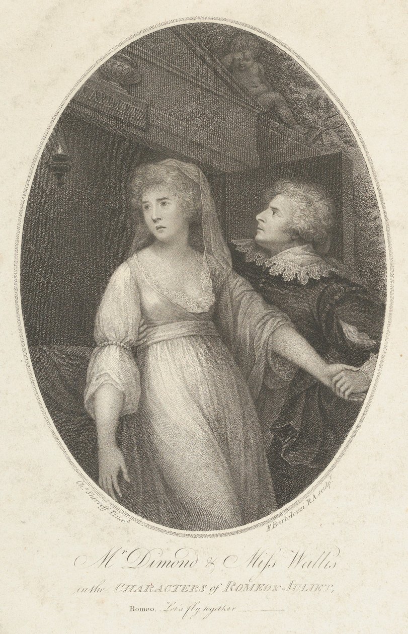 Mr. Dimond ja neiti Wallis Romeon ja Julian hahmoissa, 1. toukokuuta 1796. tekijältä Francesco Bartolozzi