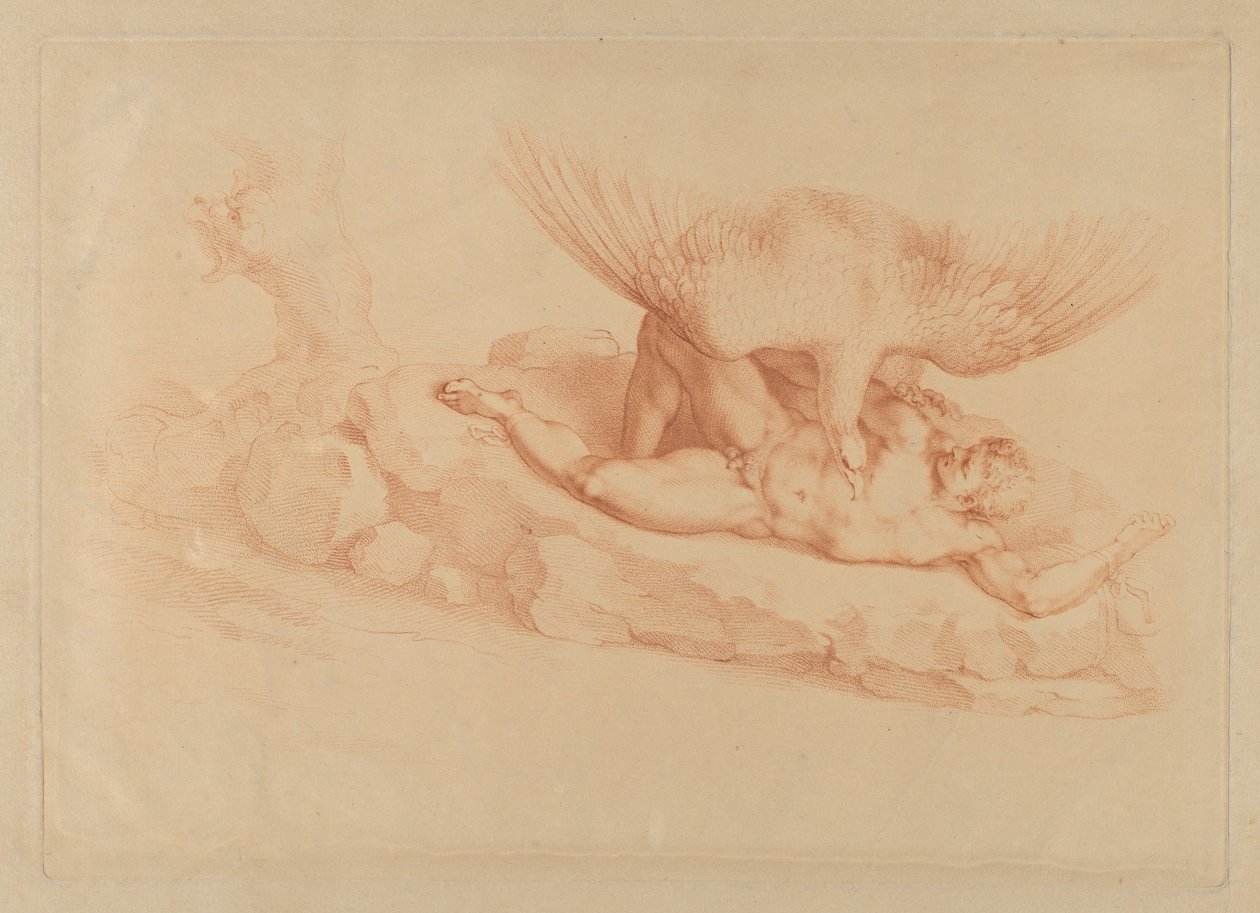Prometheus, alasti, kiveen kahlittu, katselee yllään seisovaa kotkaa, 1795. tekijältä Francesco Bartolozzi
