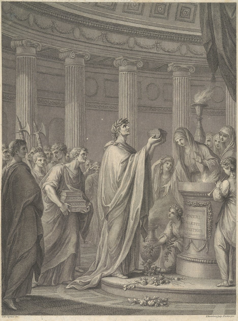 Roomalainen sotapäällikkö Julius Caesar vihkii Venus Genetrixin temppelin Caesarin forumilla Roomassa, 46 eKr. tekijältä Francesco Bartolozzi