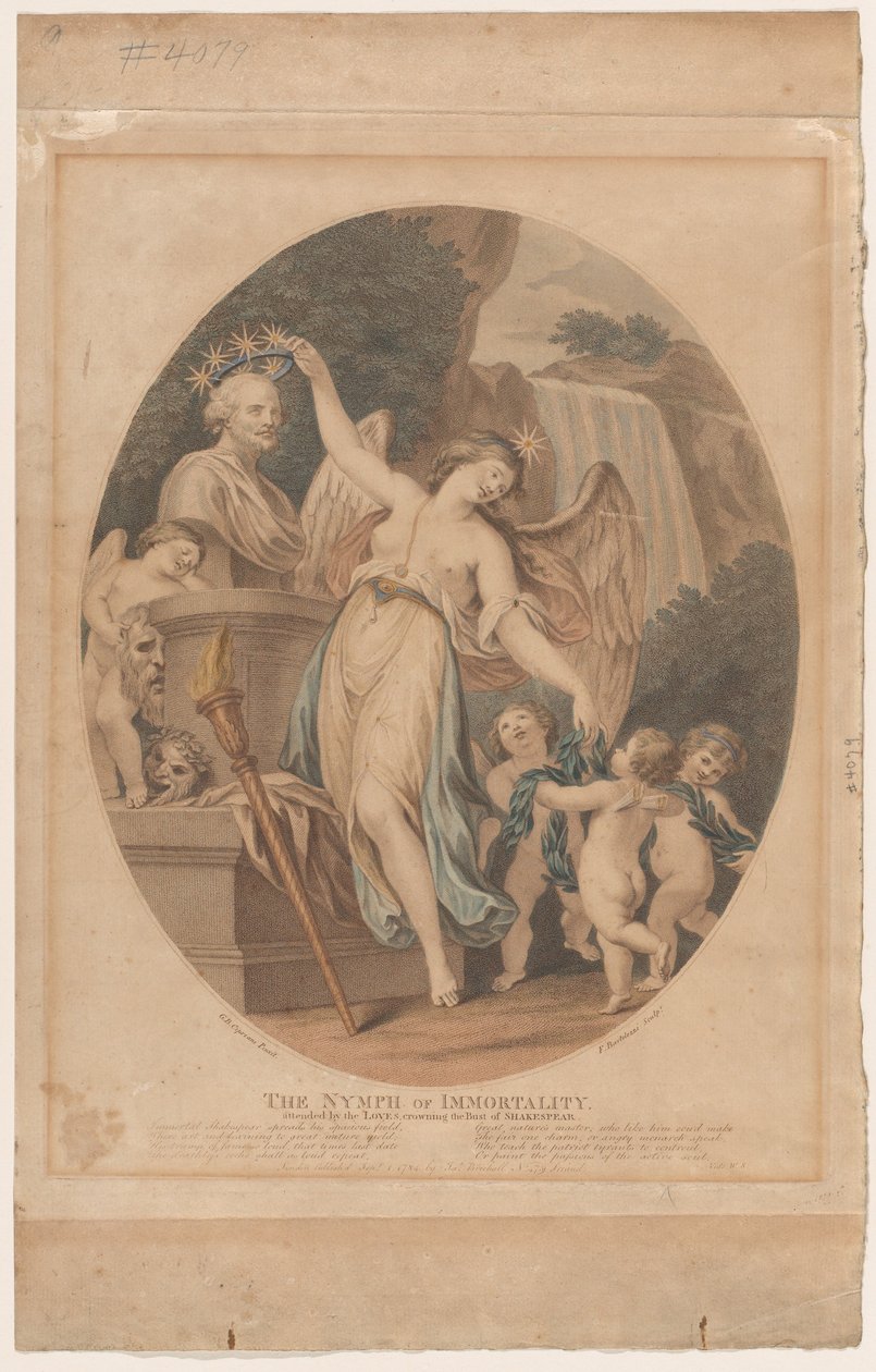 Kuolemattomuuden nymfi, mukana rakkaudet, kruunaa Shakespearen rintakuvan..., syyskuu 1784. tekijältä Francesco Bartolozzi