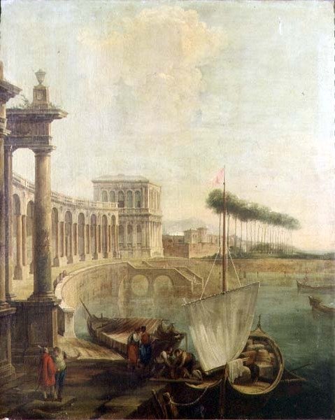 Capriccio, satama hahmoilla lastaamassa lautta tekijältä Francesco Battaglioli