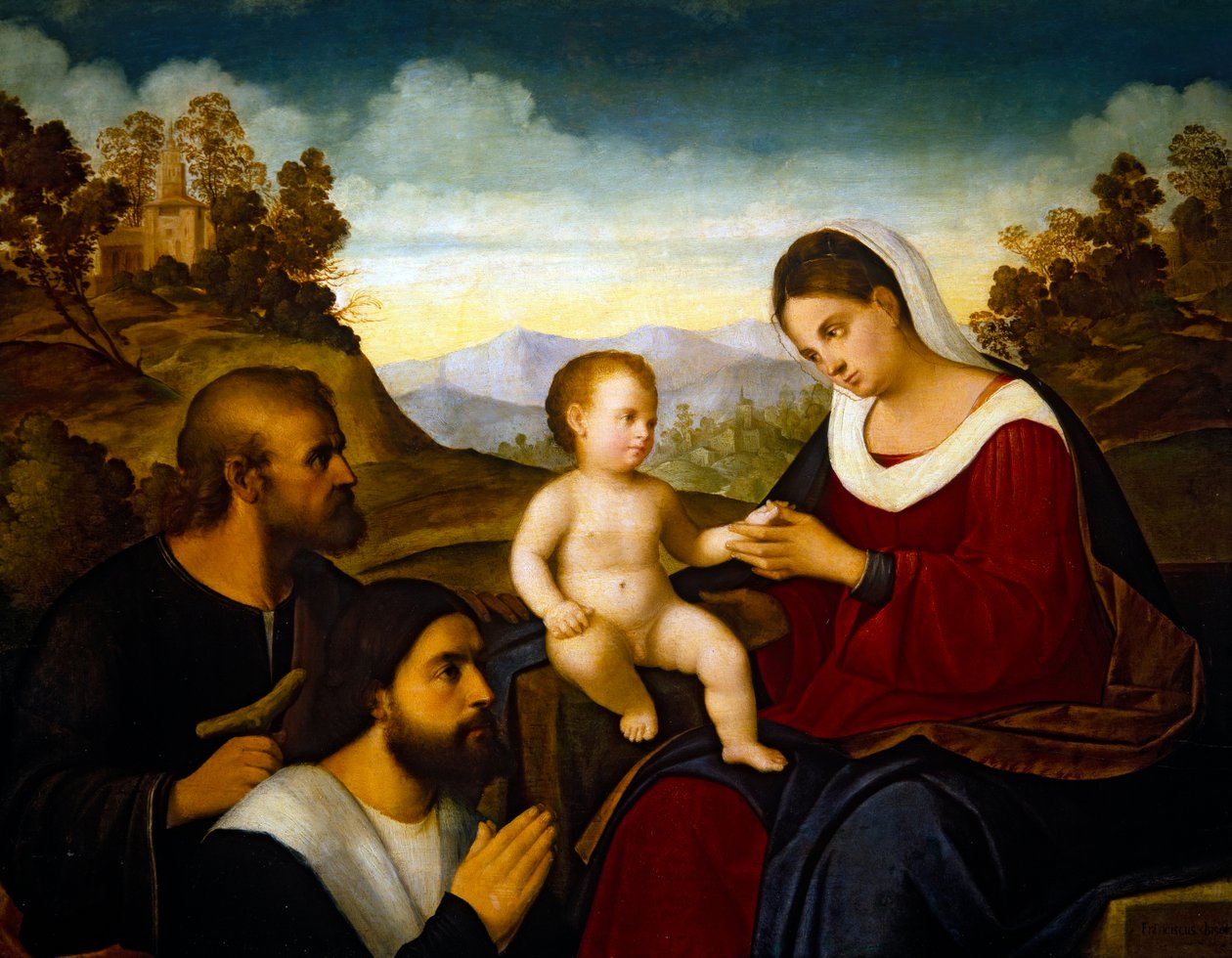 Pyhä perhe ja lahjoittaja, 1520-luvun alku (öljy puupaneelille). tekijältä Francesco Bissolo