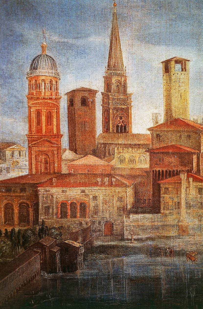 Näkymä Mantovasta, Yksityiskohta Pyhästä Franciscus rukoilee Neitsyt Mariaa epidemian lopettamiseksi, noin 1618, Francesco Borgani (1557-1624), 322x197 cm, Öljy kankaalle tekijältä Francesco Borgani