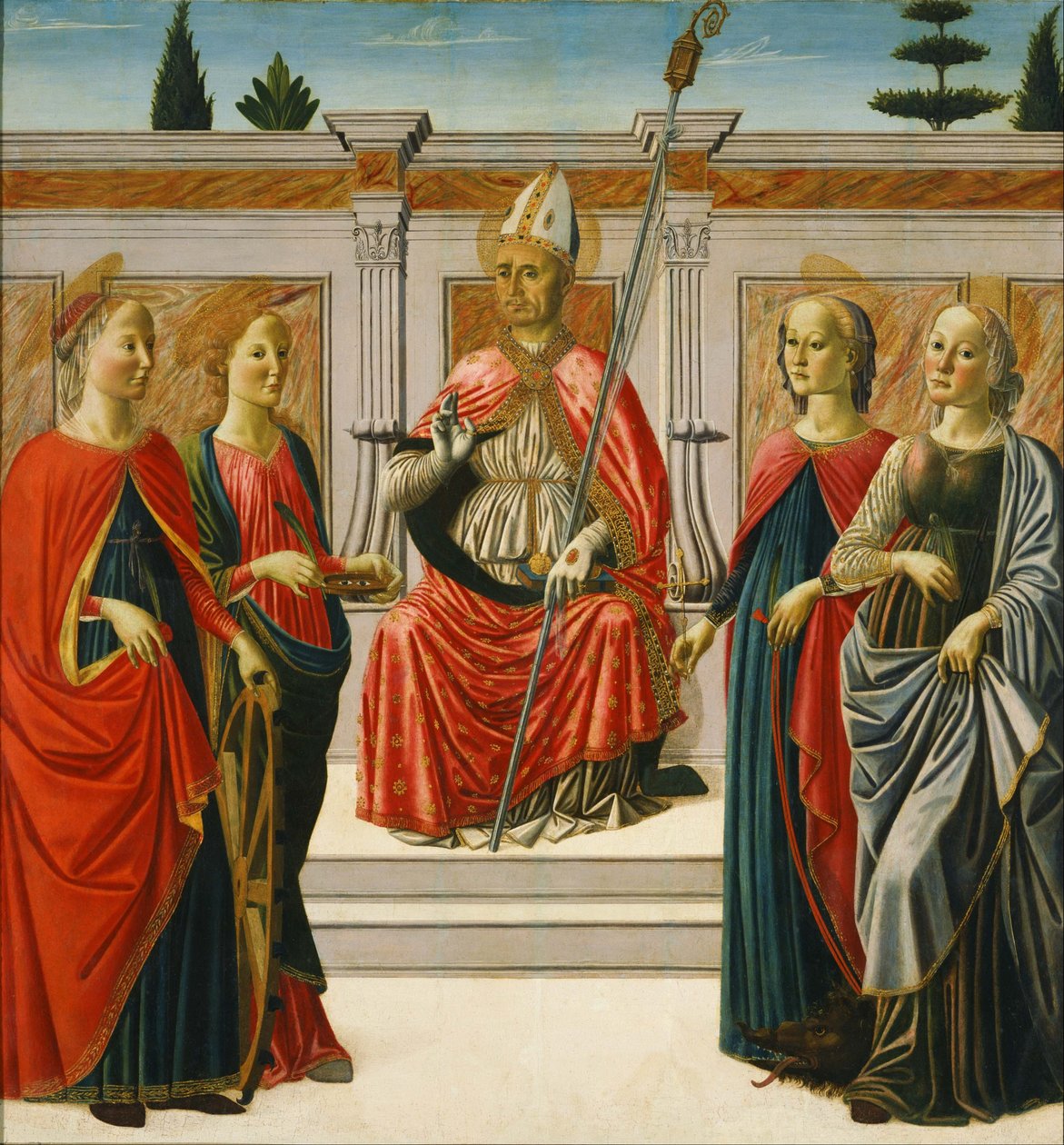 Pyhä Nikolaus ja Pyhä Katariina, Pyhä Lucia, Pyhä Margherita ja Pyhä Apollonia. tekijältä Francesco Botticini