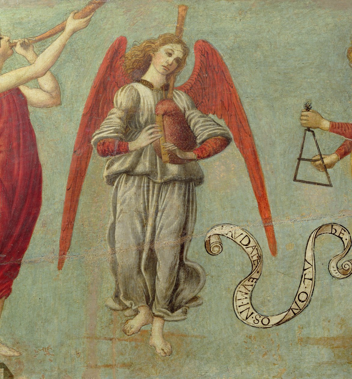 Säkkipilliä soittava enkeli, n.1475-97 tempera taululle, yksityiskohta kuvasta 64871, katso myös 64873 ja 64874. tekijältä Francesco Botticini