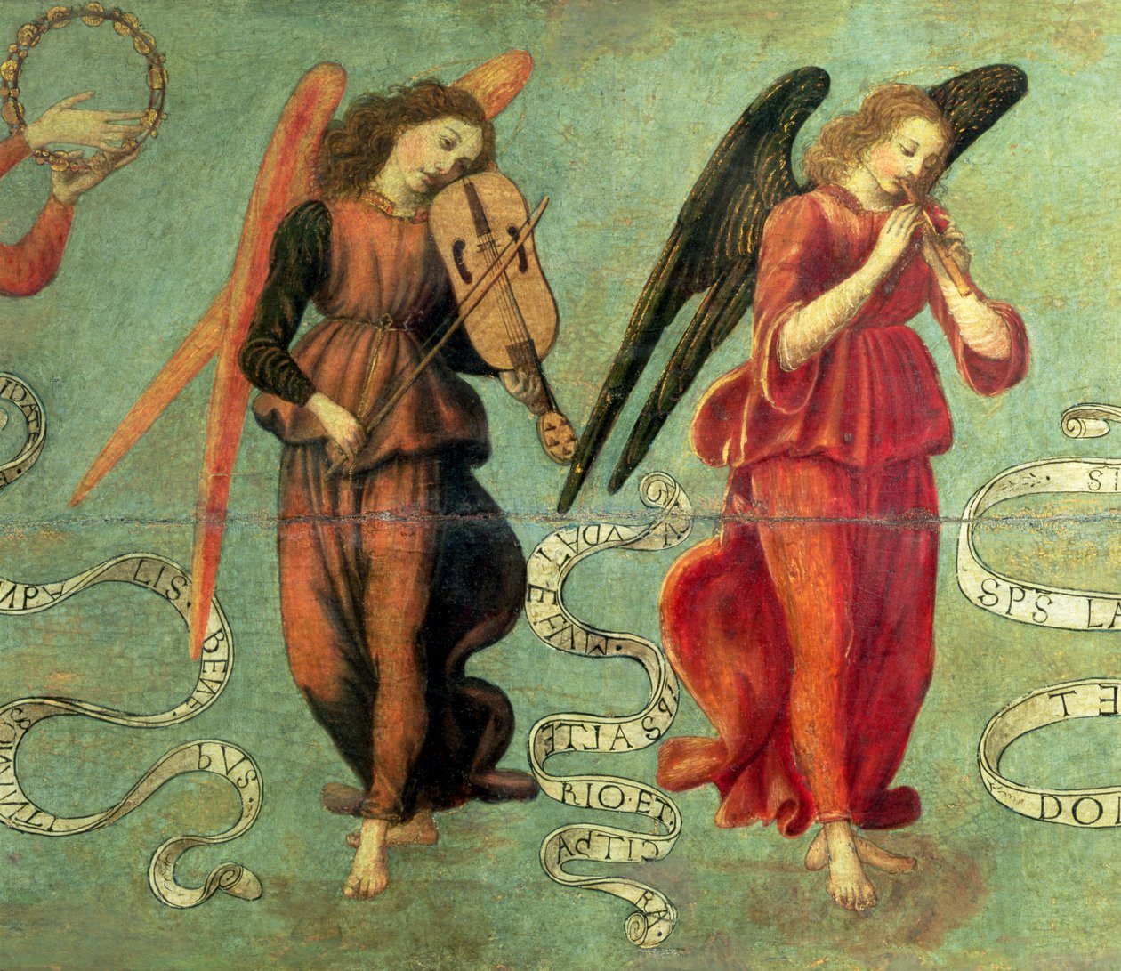 Viulua ja piippua soittavat enkelit, n.1475-97 tempera taululle, yksityiskohta kuvasta 64871, katso myös 64872 ja 64873. tekijältä Francesco Botticini