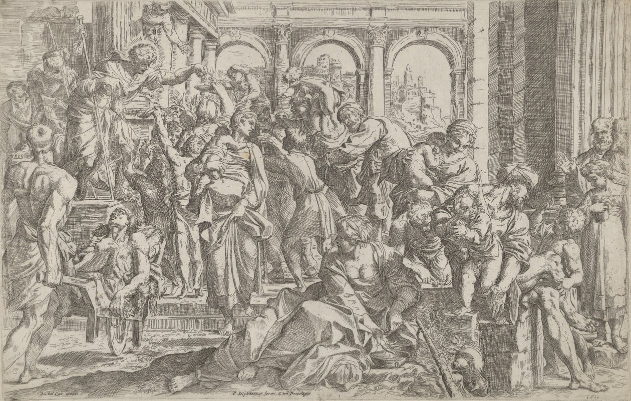 Saint Roch vasemmalla jakoi almuja ympärilleen kokoontuneelle ihmisryhmälle ..., 1590-1600 jälkeen. tekijältä Francesco Brizio