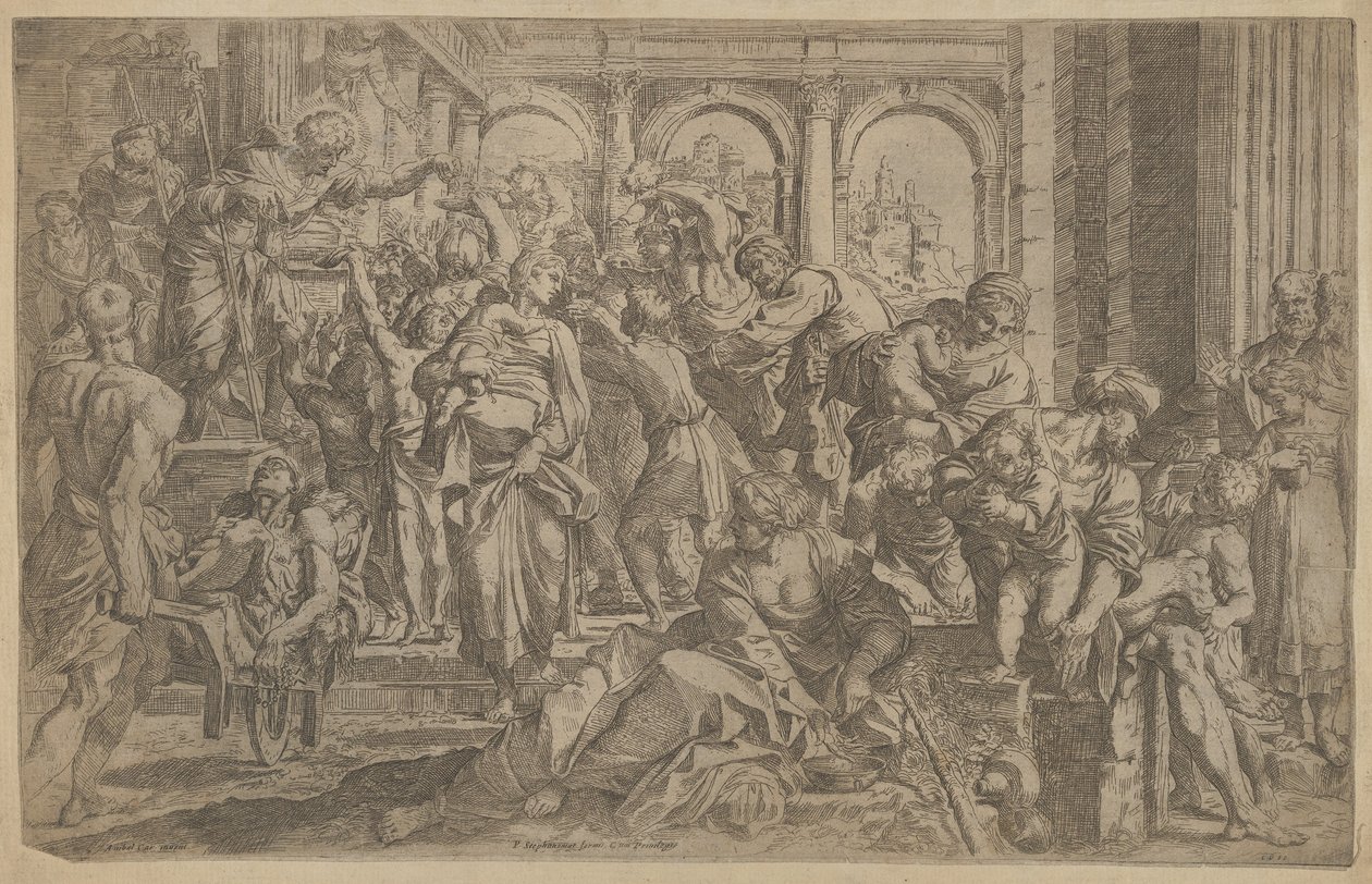 Saint Roch vasemmalla jakoi almuja hänen ympärilleen kokoontuneelle ihmisryhmälle A..., n. 1607. tekijältä Francesco Brizio