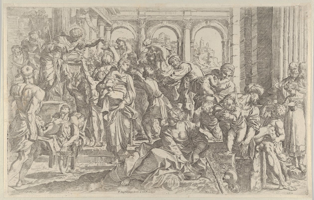 Saint Roch vasemmalla jakoi almuja ympärilleen kokoontuneelle ihmisryhmälle, af..., n. 1590-1600. tekijältä Francesco Brizio