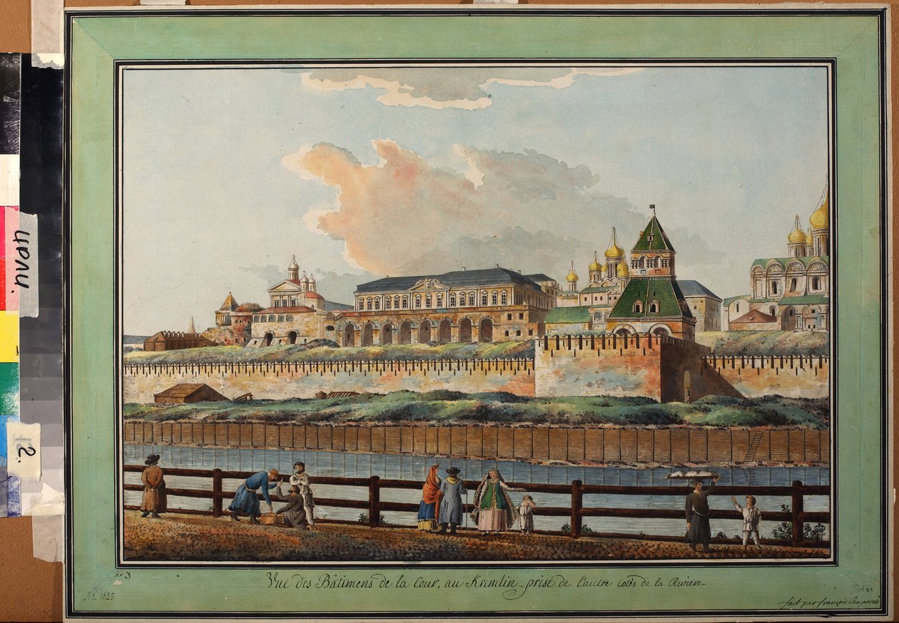 Näkymä Moskovan talvi-Kremlin palatsiin Moskova-joelta - Francesco Camporesin (1747-1831) työ, akvarelli paperille, noin 1780 (näkymä Kremlin talvipalatsiin Moskovan joelta, Francesco Camporesin akvarelli paperille) - Institute of Rus tekijältä Francesco Camporesi