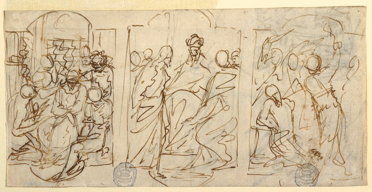 Piirustus, Passion kolme vaihetta: 1848: Pilkka, Kristus Pilatuksen edessä, ruoskiminen, n. 1848. tekijältä Francesco Coghetti