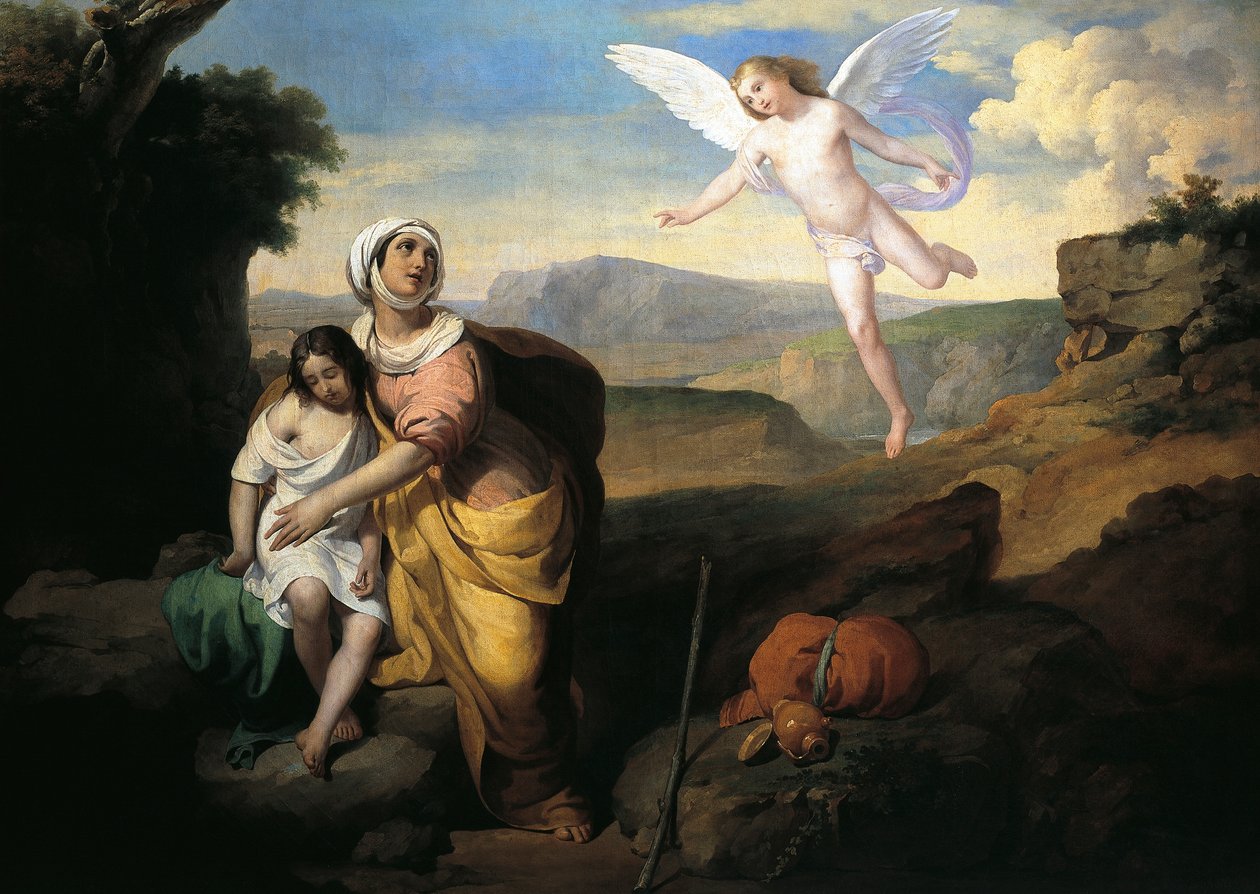 Enkeli vieraili Hagarin ja Ismaelin luona, noin 1846, Francesco Coghetti (1804-1875), öljy kankaalle, 96x132 cm tekijältä Francesco Coghetti