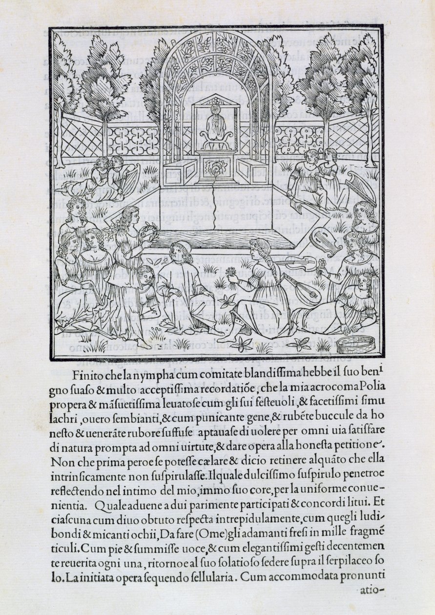 Nymfit ja Polian rakastaja, kuvitus Francesco Colonnan (n.1432-1527) teoksesta "Hypnerotomachia Poliphili". tekijältä Francesco Colonna
