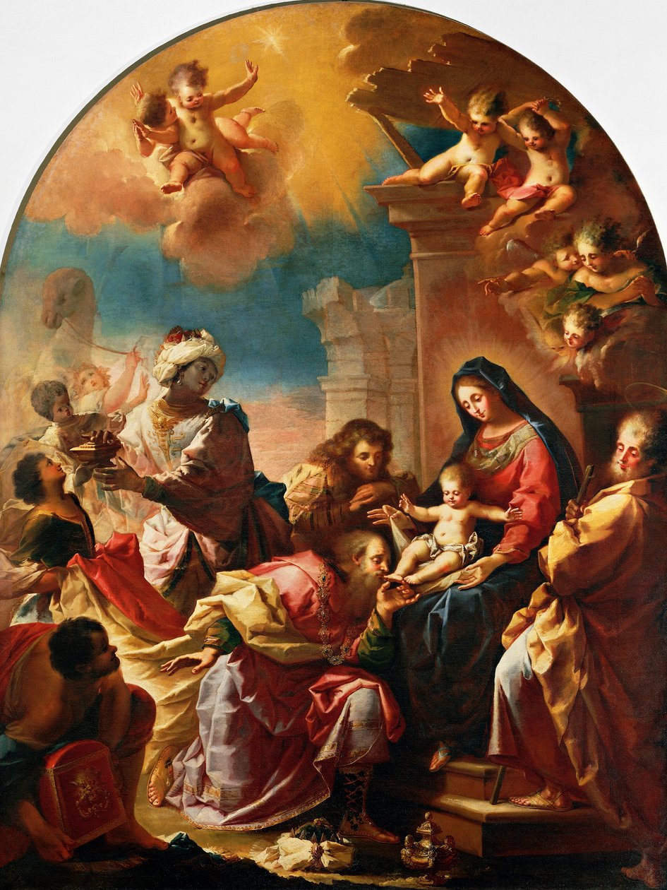 Adoration of the Magi, kirjoittanut Francesco Conti (1681-1760), Pyhän Marian taivaaseenastumisen kirkko Montedominissa, Firenzessä, Toscanassa, Italiassa tekijältä Francesco Conti