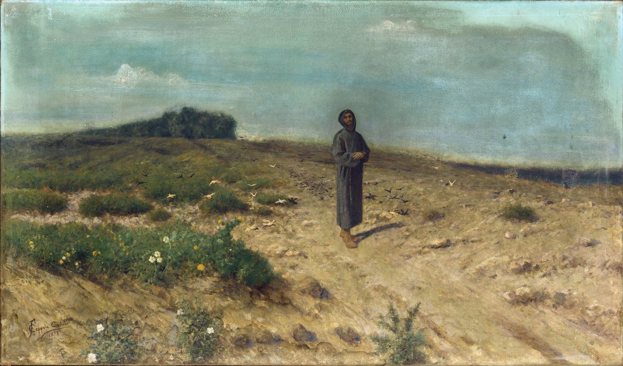 Pyhä Franciscus saarnaa linnuille par Coppola Castaldo, Francesco (1845-1916). Öljy kankaalle tekijältä Francesco Coppola Castaldo