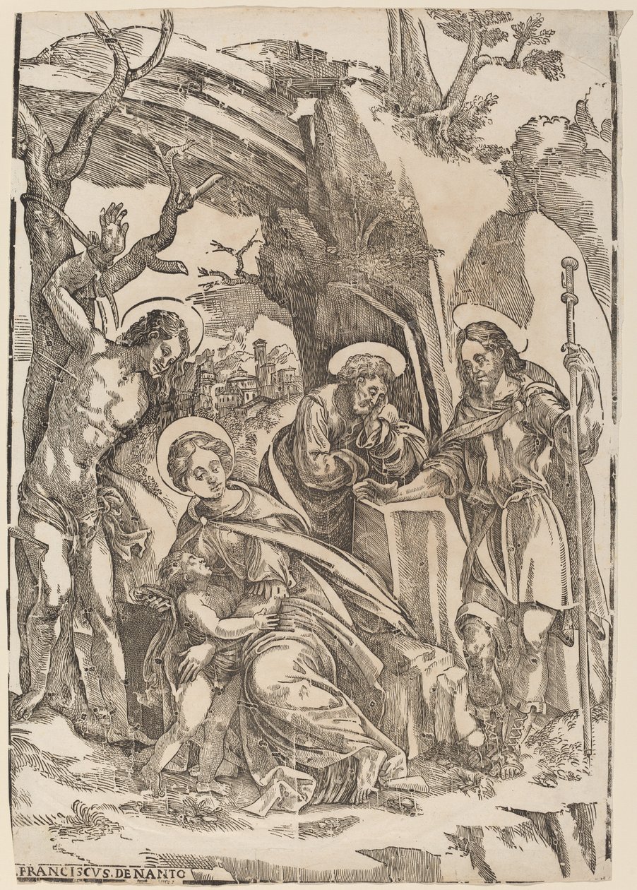Pyhä perhe Saint Sebastianin ja Saint Rochin kanssa tekijältä Francesco Denanto