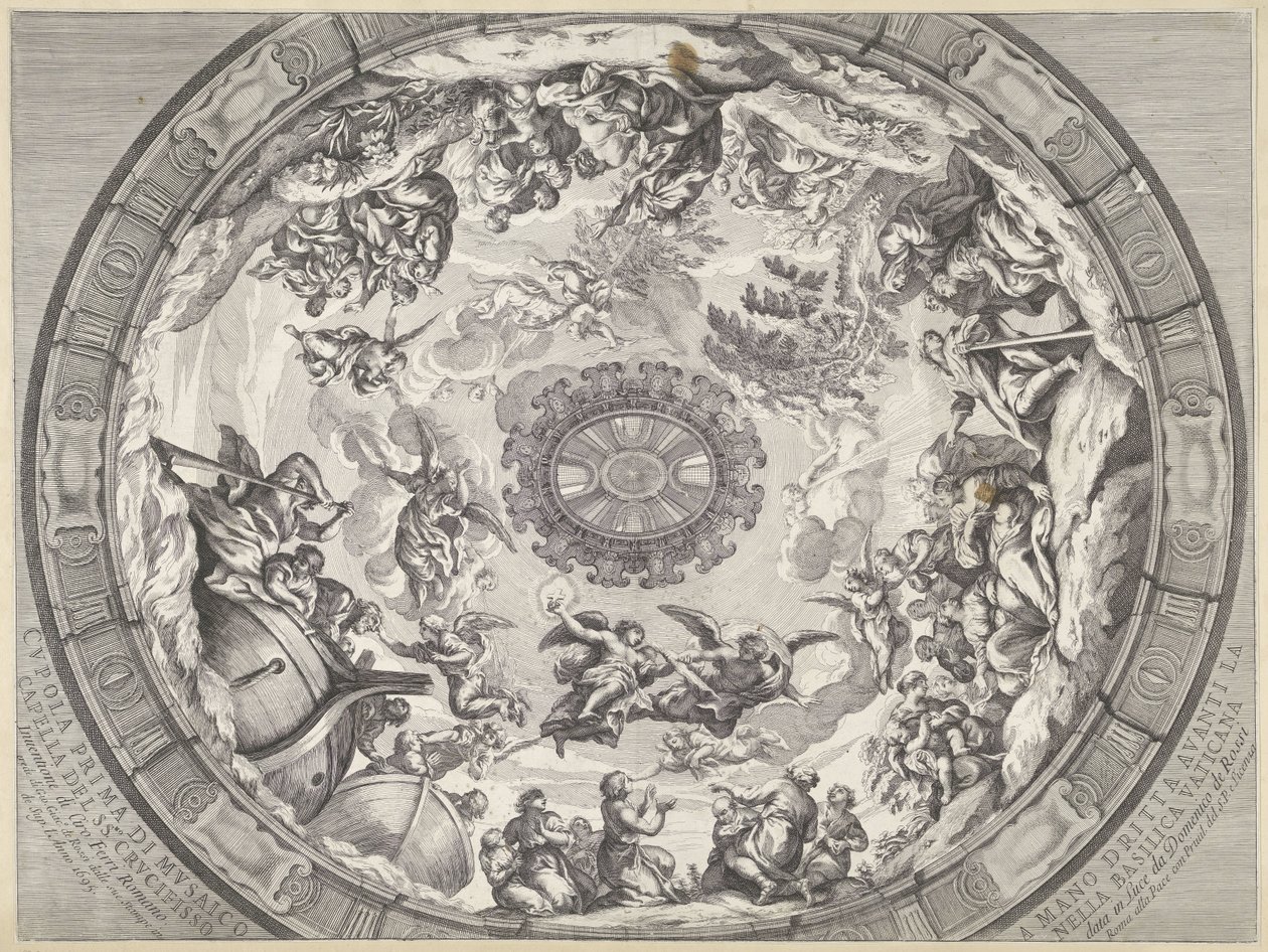 Kupolin koristelu Vanhan testamentin hahmoilla ja enkeleillä Cupola prima di mosaico capella del SS.mo Crucifisso (...) (otsikko esineessä) Pietarinkirkon kupolikoristeet (sarjan nimi) tekijältä Francesco Faraone Aquila