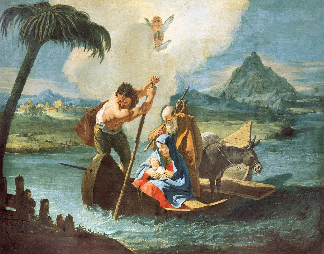 Pyhä perhe ylittää Niilin lennossa Egyptiin, Francesco Fontebasso (1707-1769), öljy kankaalle tekijältä Francesco Fontebasso