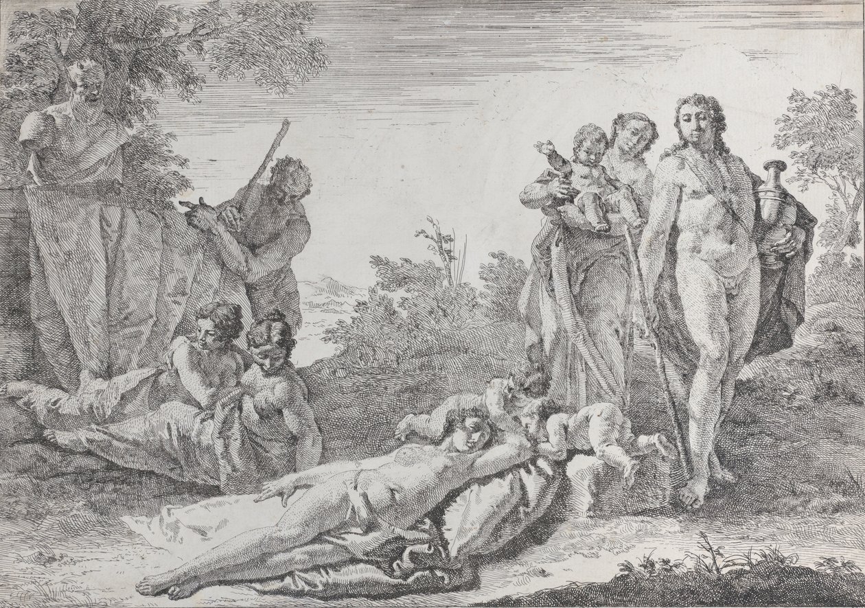 Yhdeksän hahmoa lähellä Herm of Pan, julkaisusta Bacchanals and Histories, 1744. tekijältä Francesco Fontebasso