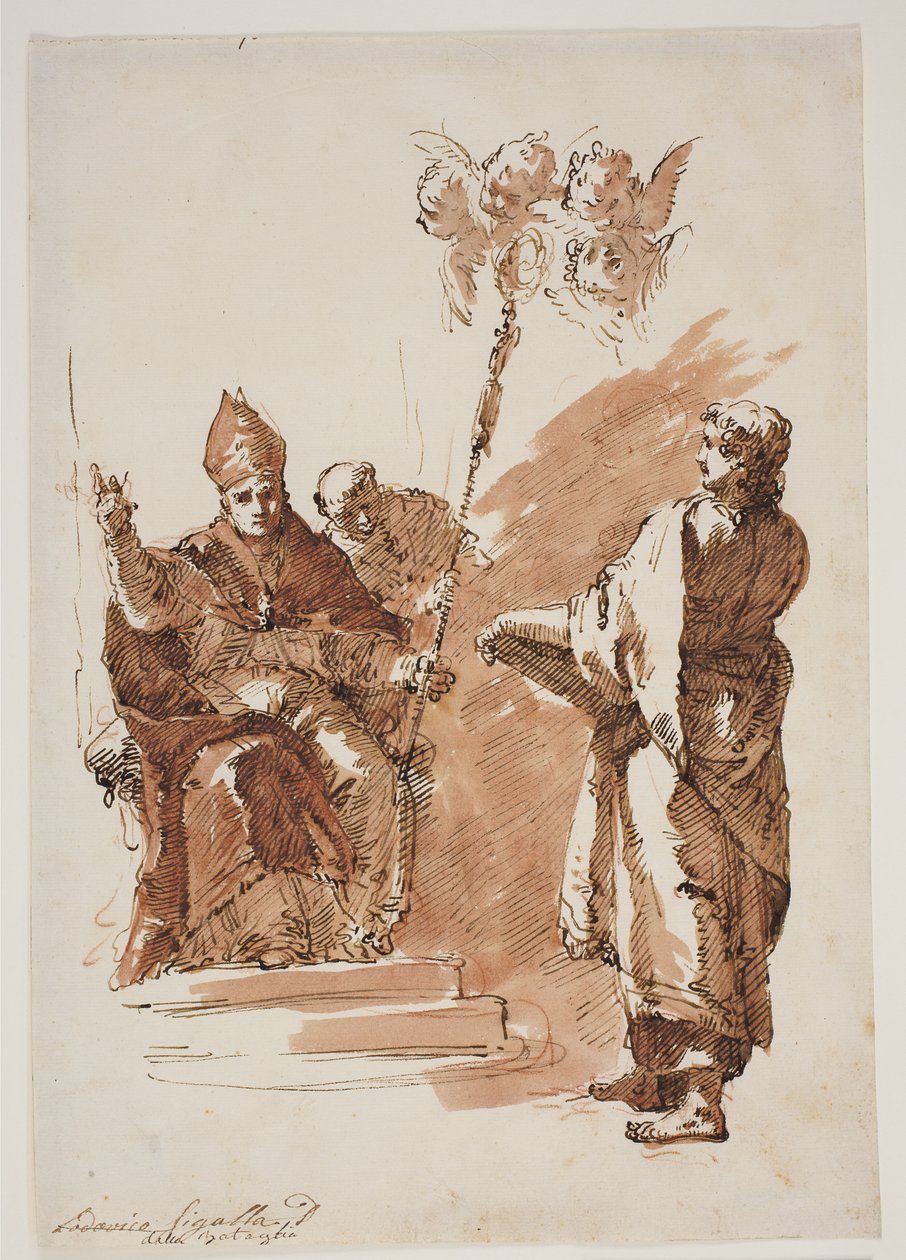 St Louis istui ja evankelista Johannes seisoi hänen vieressään. Opiskele alttaritaulua varten Chiesa dell’Angelo Raffaelessa, Venetsiassa tekijältä Francesco Fontebasso