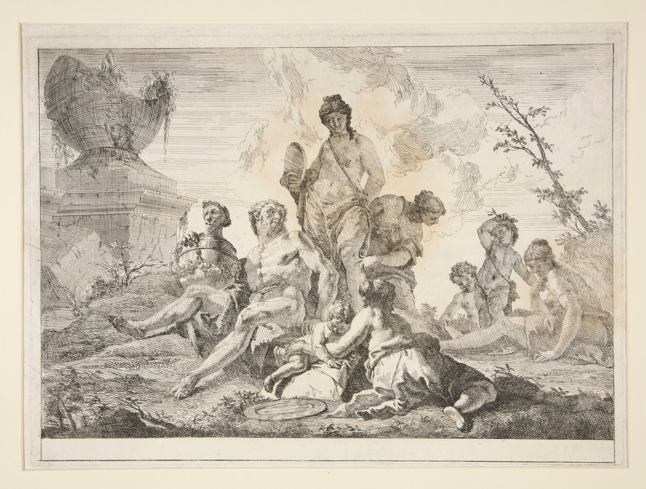 Venus, Vulcan, kolme nymfiä ja kolme kerubia maisemassa tekijältä Francesco Fontebasso