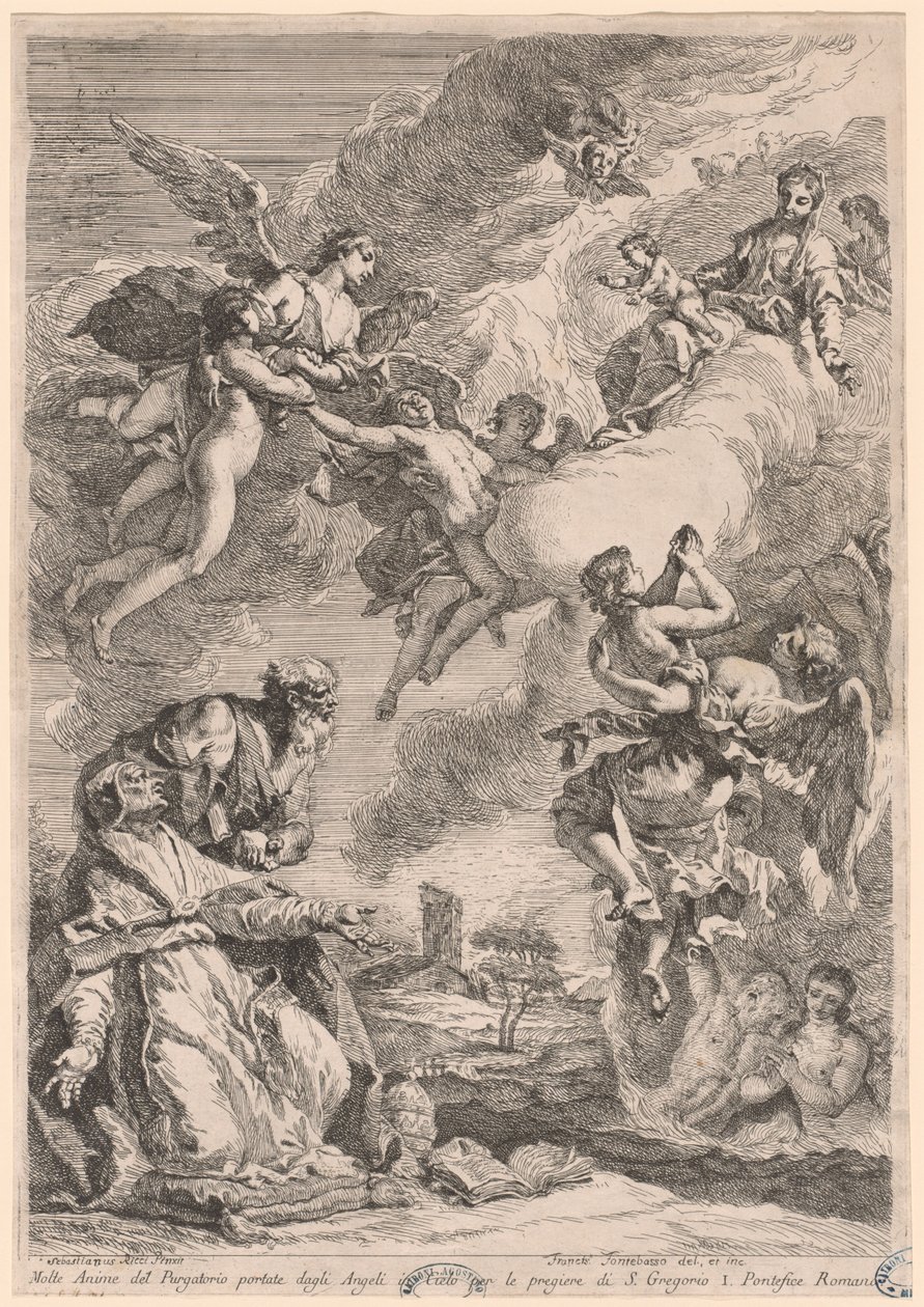 Paavi Gregorius Suuri ja Saint Vitale rukoilevat sielujen puolesta kiirastulessa tekijältä Francesco Fontebasso, after Sebastiano Ricci