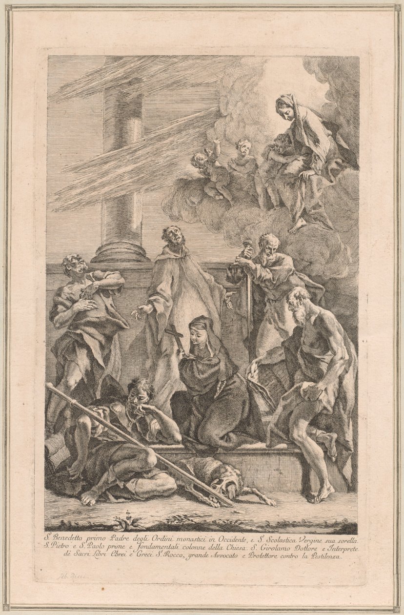 Madonna ja lapsi kahden enkelin ja pyhimysten kanssa Scholastica, Benedict, Roch, Peter, Paul ja Jerome tekijältä Francesco Fontebasso after Sebastiano Ricci
