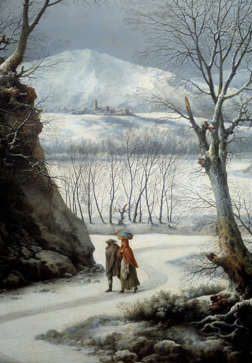 Pariskunta tiellä keskellä talvea. Francesco Foschin (? - 1805) maalaus tekijältä Francesco Foschi