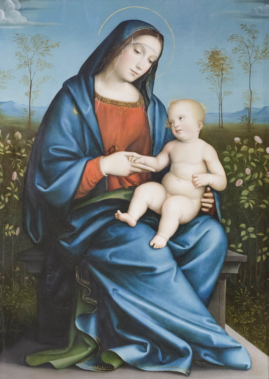 Madonna ja lapsi ruusutarhassa, Raibolini Francesco nimeltään Francesco Francia (öljy paneelille) tekijältä Francesco Francia