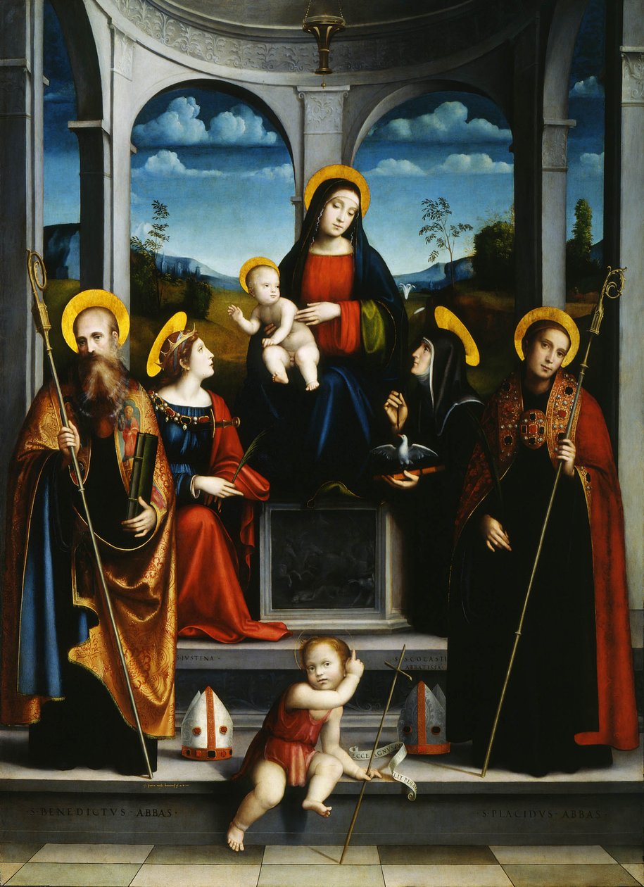 Neitsyt ja lapsi pyhien Benedictuksen, Justinan, Placiduksen ja Scholastican kanssa, noin 1515 tekijältä Francesco Francia