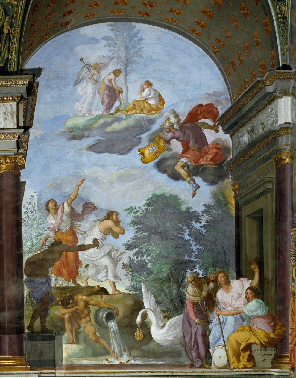 Allegoria Lawrence de Medici il Magnificentin (1449-1492) kuolemasta. Oikealla esitys kohtalon jumaluuksista, kabineteista (tai puistoista): Clotho, Lachesis ja Atropos. Francesco Furinin fresko (160). tekijältä Francesco Furini