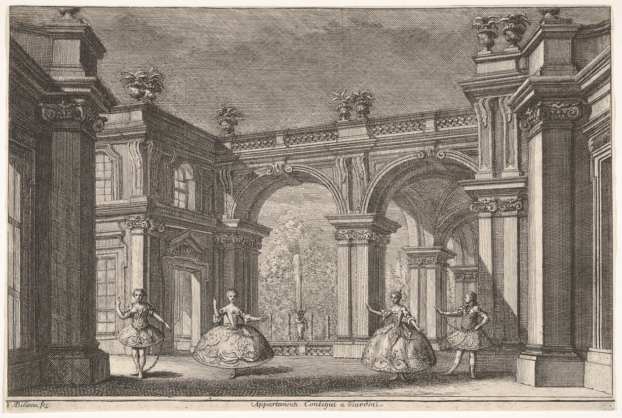 Kaksi naista ja kaksi herraa tanssimassa koristeellisessa arkkitehtonisessa ympäristössä, suihkulähde osoitteessa..., 1765. tekijältä Francesco Galli Bibiena