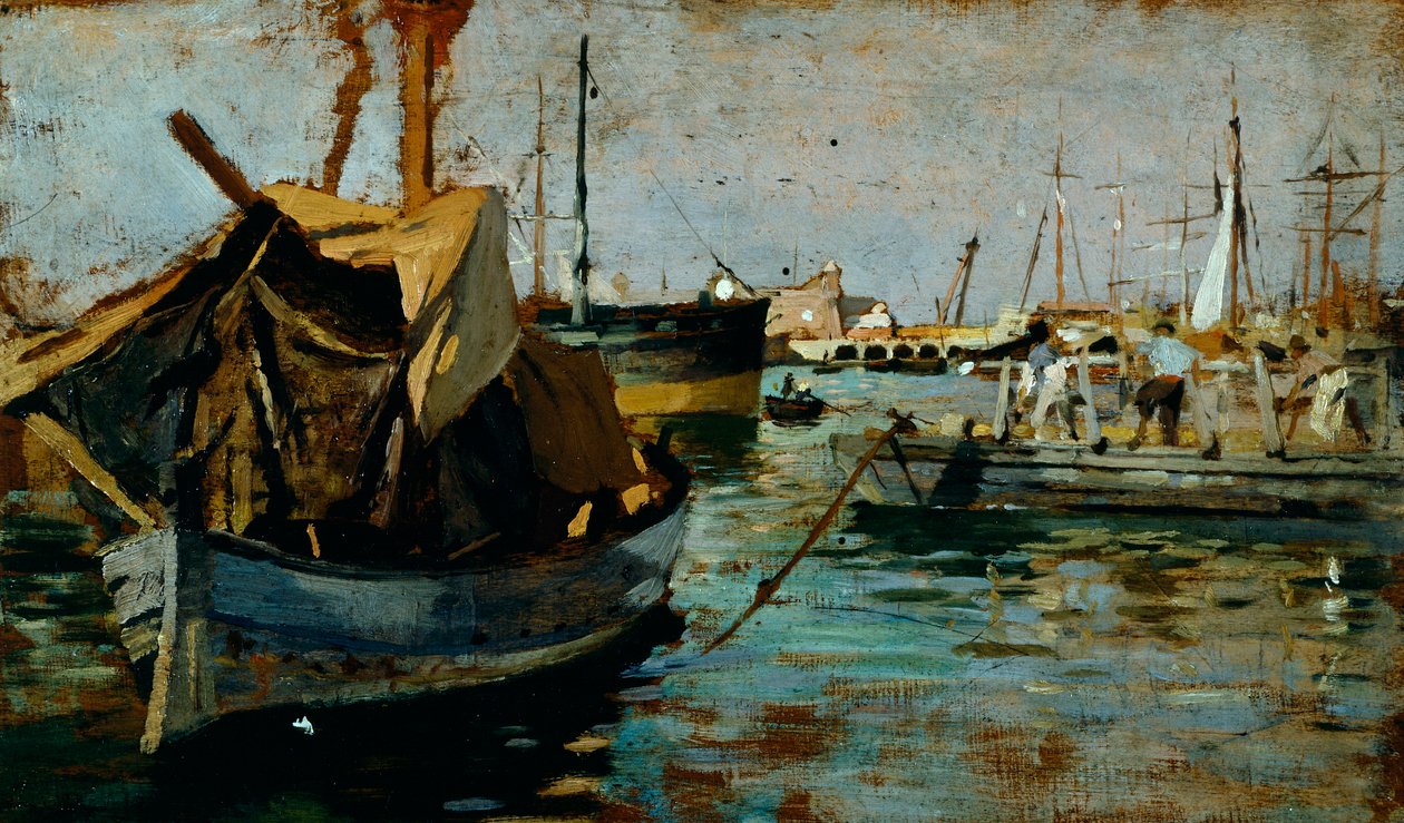 Francesco Giolin (1846-1922) työssä Livornon satamassa (Leghorn), öljy paneelille, 22x38 cm tekijältä Francesco Gioli