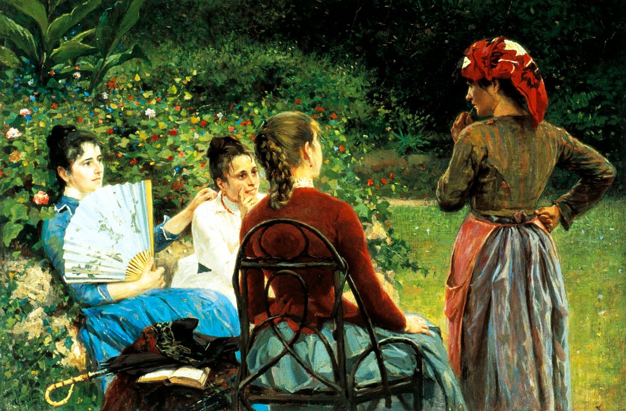 Francesco Gioli (1846-1922) Fernanda Gioli ja hänen ystävänsä, öljy kankaalle, 45x68 cm tekijältä Francesco Gioli
