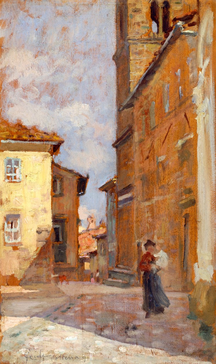 Francesco Giolin (1846-1922) kadulla Volterrassa, öljy paneelille, 38x23 cm tekijältä Francesco Gioli