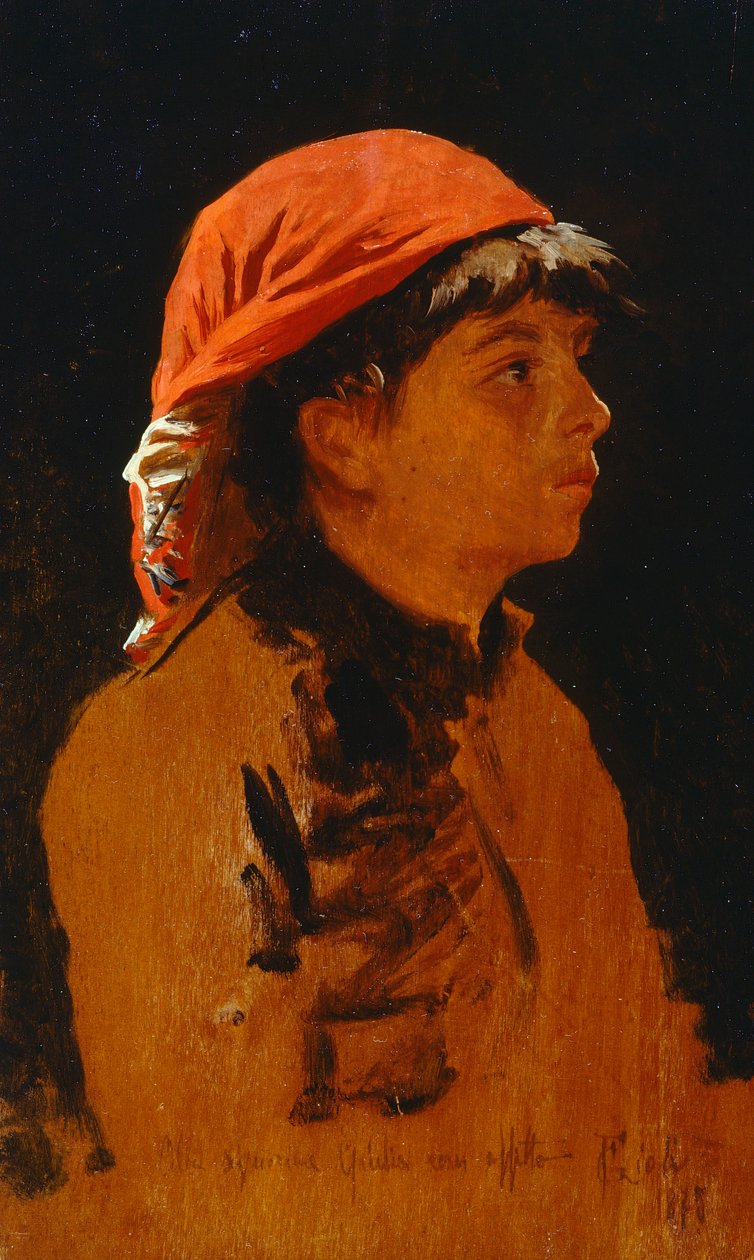 Francesco Giolin (1846-1922) punainen huivi, öljy paneelille, 28x17 cm tekijältä Francesco Gioli
