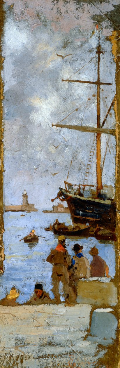 Francesco Giolin (1846-1922) näkymä Livornon satamasta, öljy kankaalle siirretty pahville, 38x12 cm tekijältä Francesco Gioli