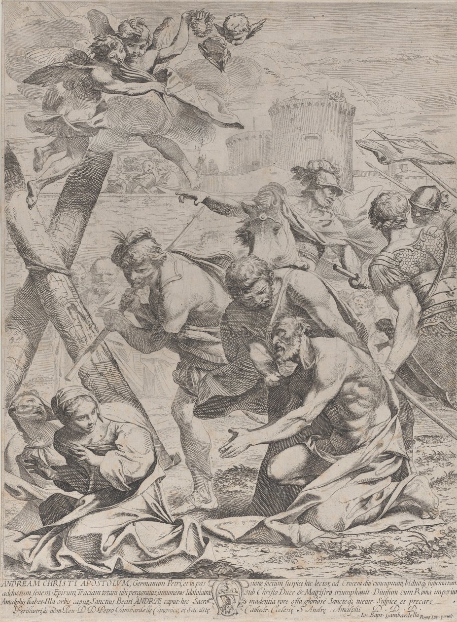 Pyhä Andreas rukoilee krusifiksin edessä, 1640-70. tekijältä Francesco Giovani