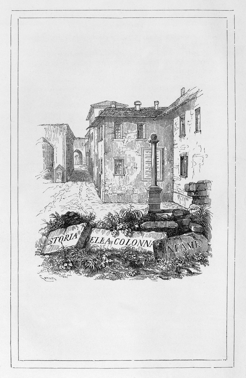 Häpeän pilarin historia, Francesco Goninin (1808-1889) nimilehti Alessandro Manzonin (1785-1873) historialliseen esseeseen, Italia tekijältä Francesco Gonin