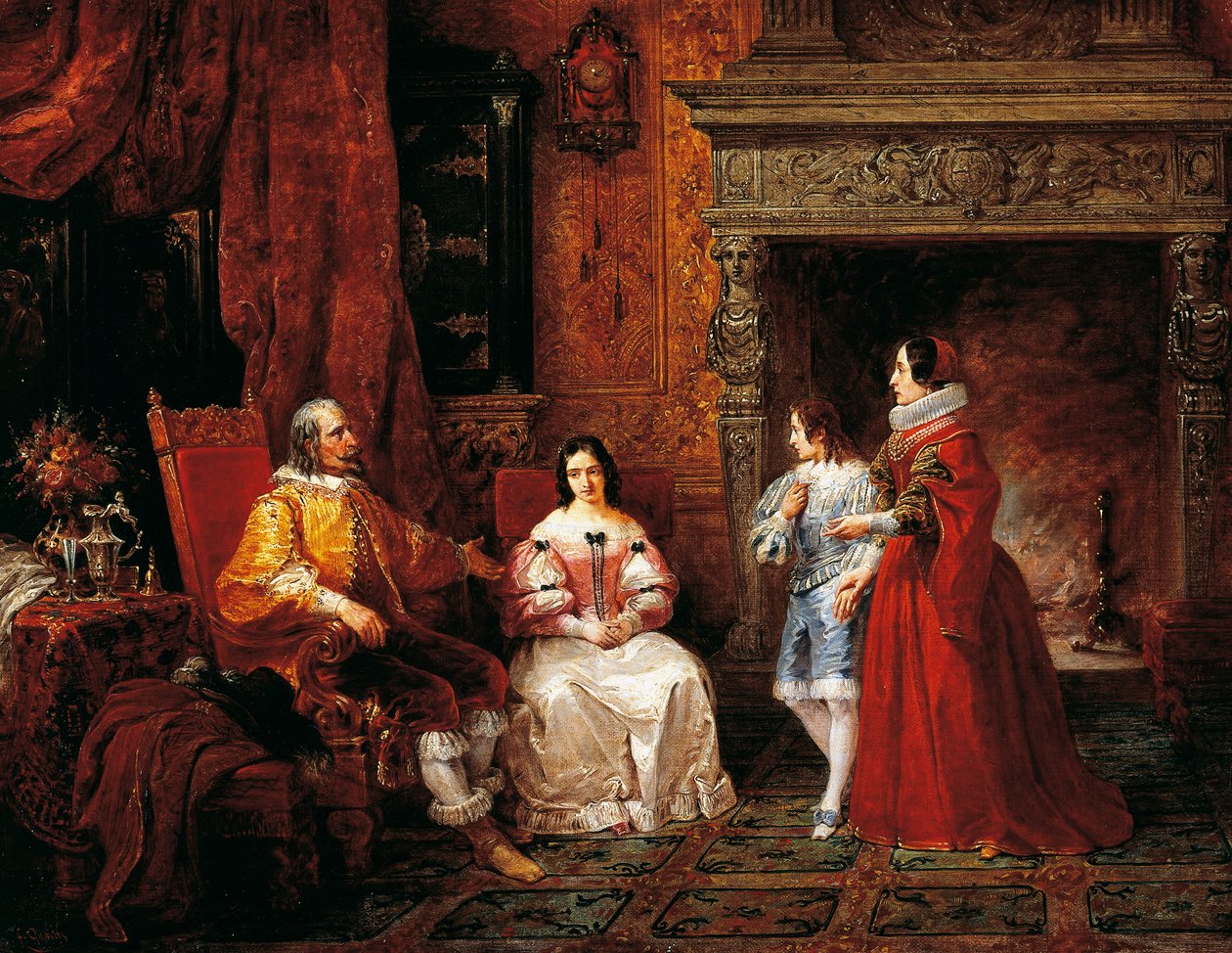 Prinssi kertoo nuorelle prinssille ja hänen äidilleen Gertruden päätöksestä ryhtyä nunnaksi, jakso elokuvasta Alessandro Manzonin kihlattu (1785-1873) tekijältä Francesco Gonin