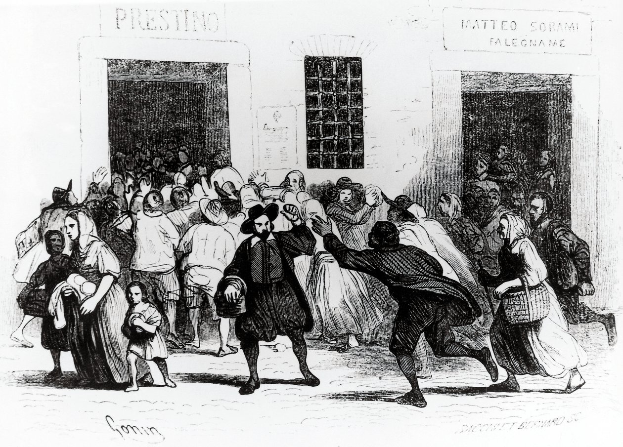 Sauvosauvojen leipomon ryöstely, jakso Kihlatuista, Alessandro Manzoni (1785-1873), kuvitus Francesco Goninin (1808-1889) 1840 painos tekijältä Francesco Gonin