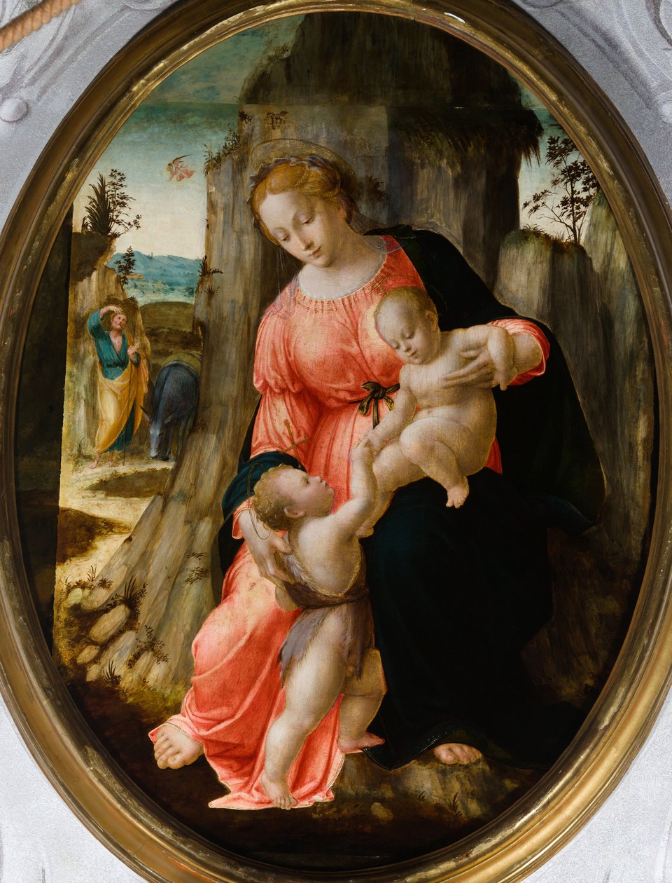 Pyhän Johanneksen kohtaaminen Pyhän perheen kanssa Egyptissä, 1500-luvun ensimmäinen puolisko (öljy soikealle taululle) tekijältä Francesco Granacci