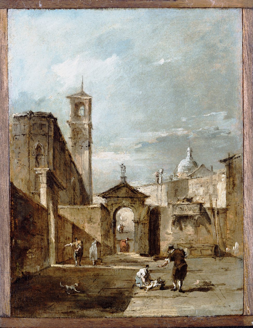 Venetsialaisen Campon capriccio, jonka takana on kirkko tekijältä Francesco Guardi