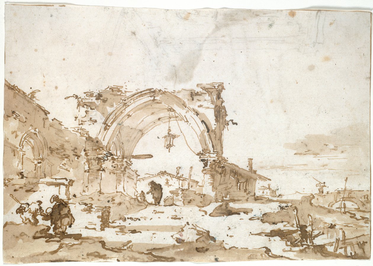 Capriccio, jossa on tuhoutunut goottilainen kaari tekijältä Francesco Guardi