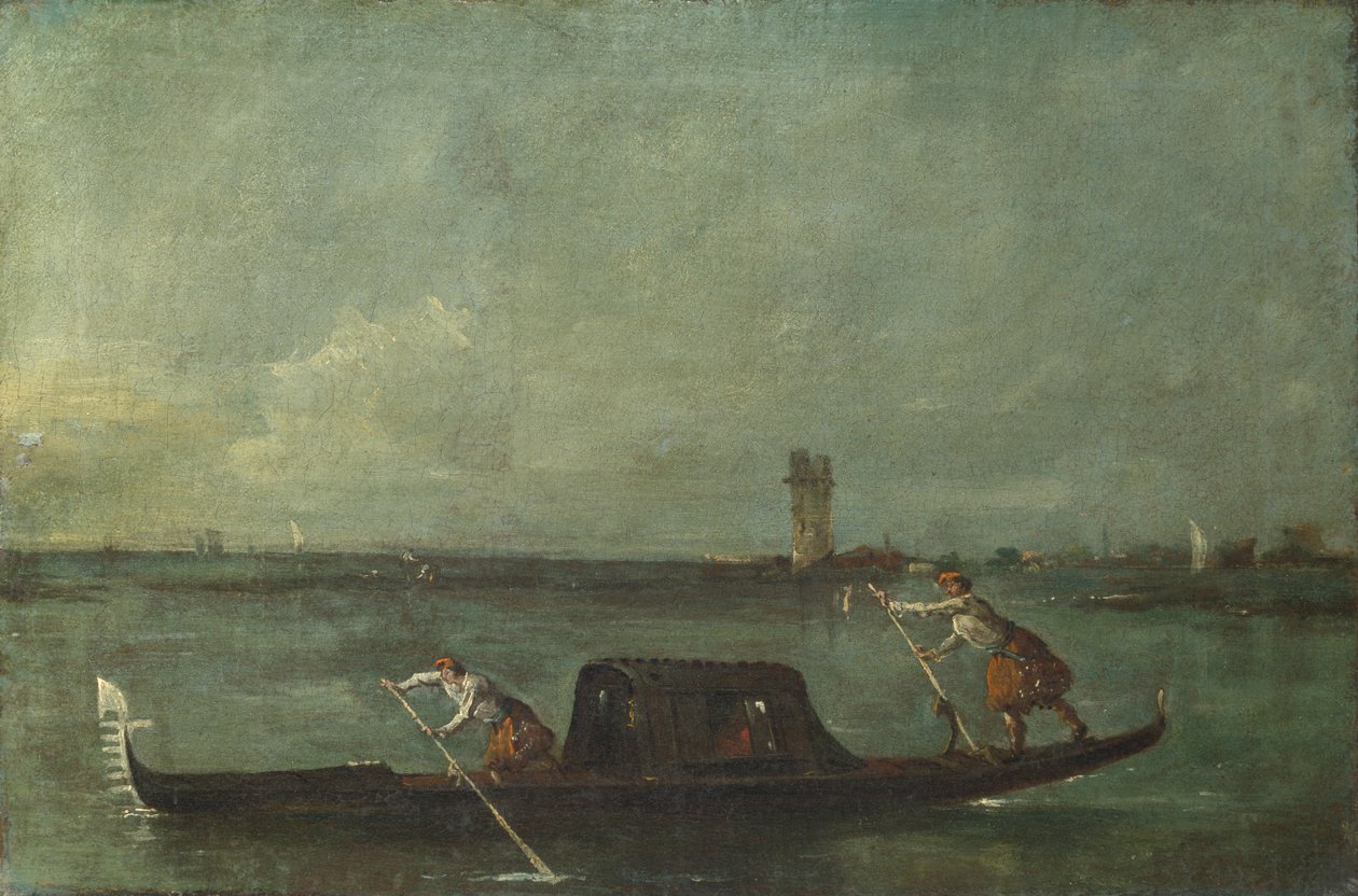 Gondoli laguunilla lähellä Mestreä, vuoden 1780 jälkeen tekijältä Francesco Guardi