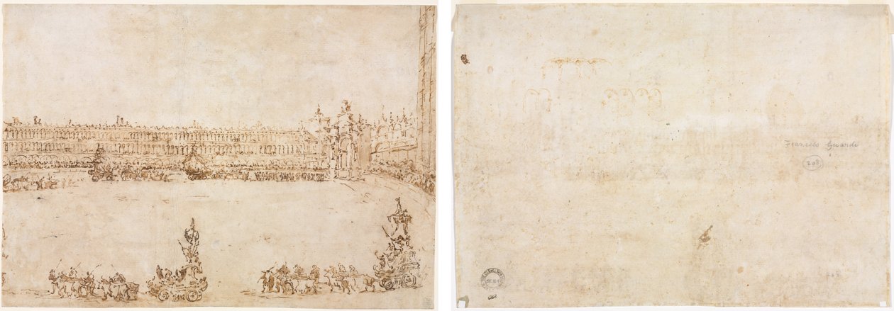 Voittoautojen kulkue Piazza San Marcolla, Venetsiassa, juhlii Conti del Nordin vierailua (recto) Kolme luonnosta kaarista (käänteinen) tekijältä Francesco Guardi