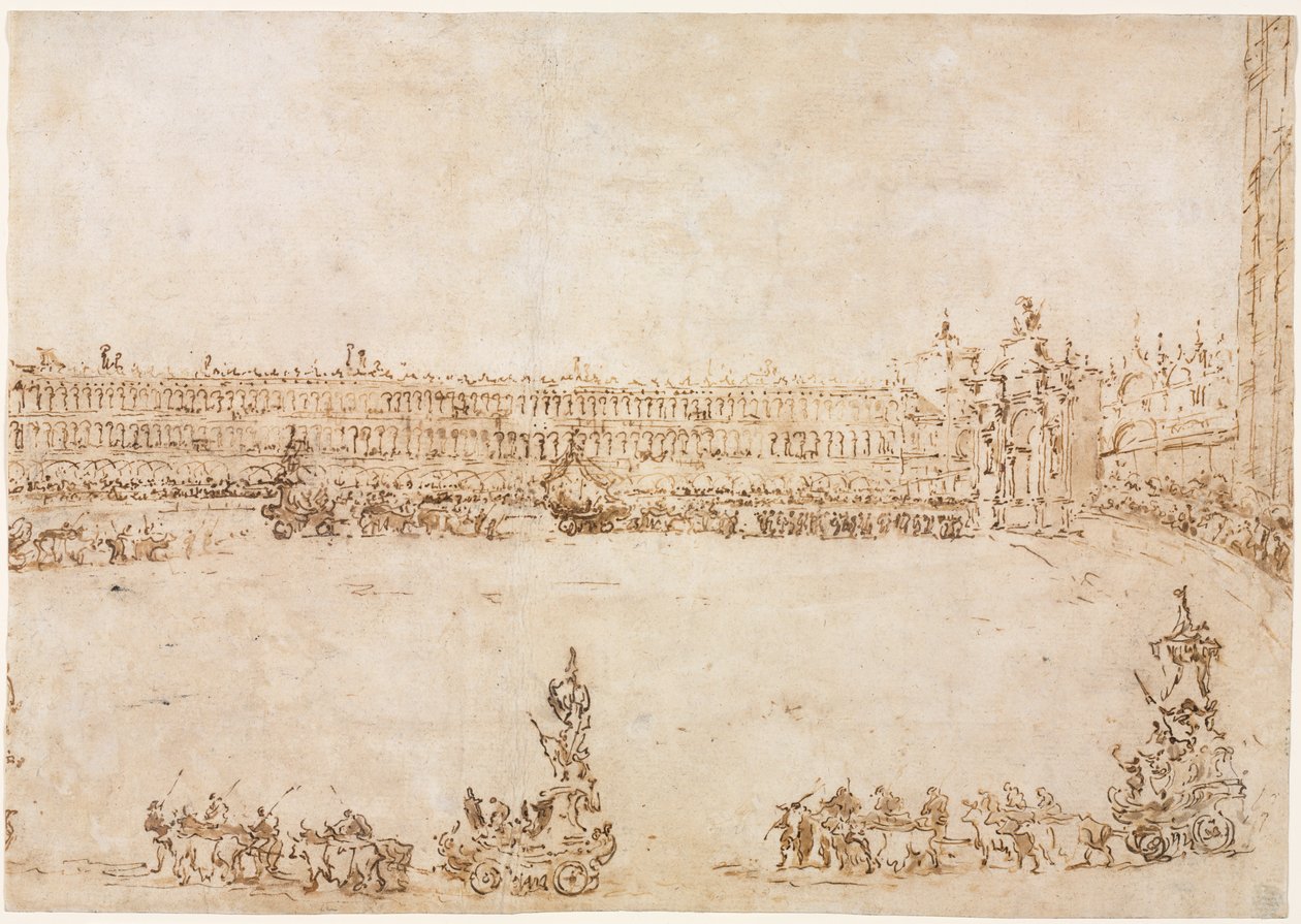 Voittoautojen kulkue Piazza San Marcolla, Venetsiassa, juhlimassa Conti del Nordin vierailua (recto) tekijältä Francesco Guardi