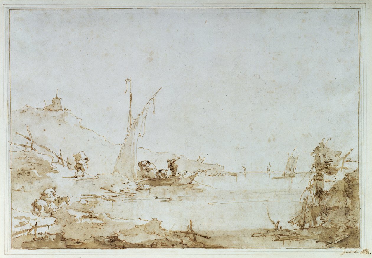 Rannikkokohtaus, n. 1770-80 (kynä ja ruskea pesu mustalla liidulla paperilla) tekijältä Francesco Guardi