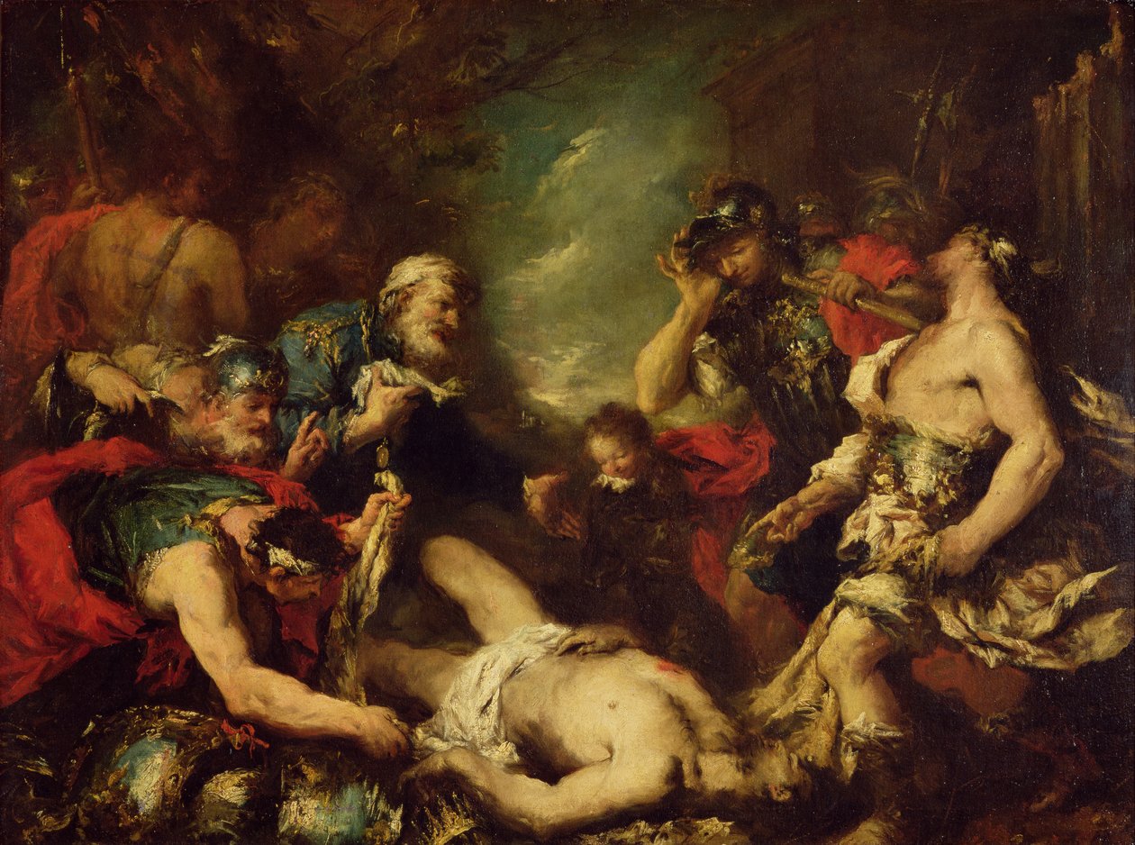 Aleksanteri Suuri ennen Dareios III:n ruumista, 330 eKr., 1700-luku tekijältä Francesco Guardi